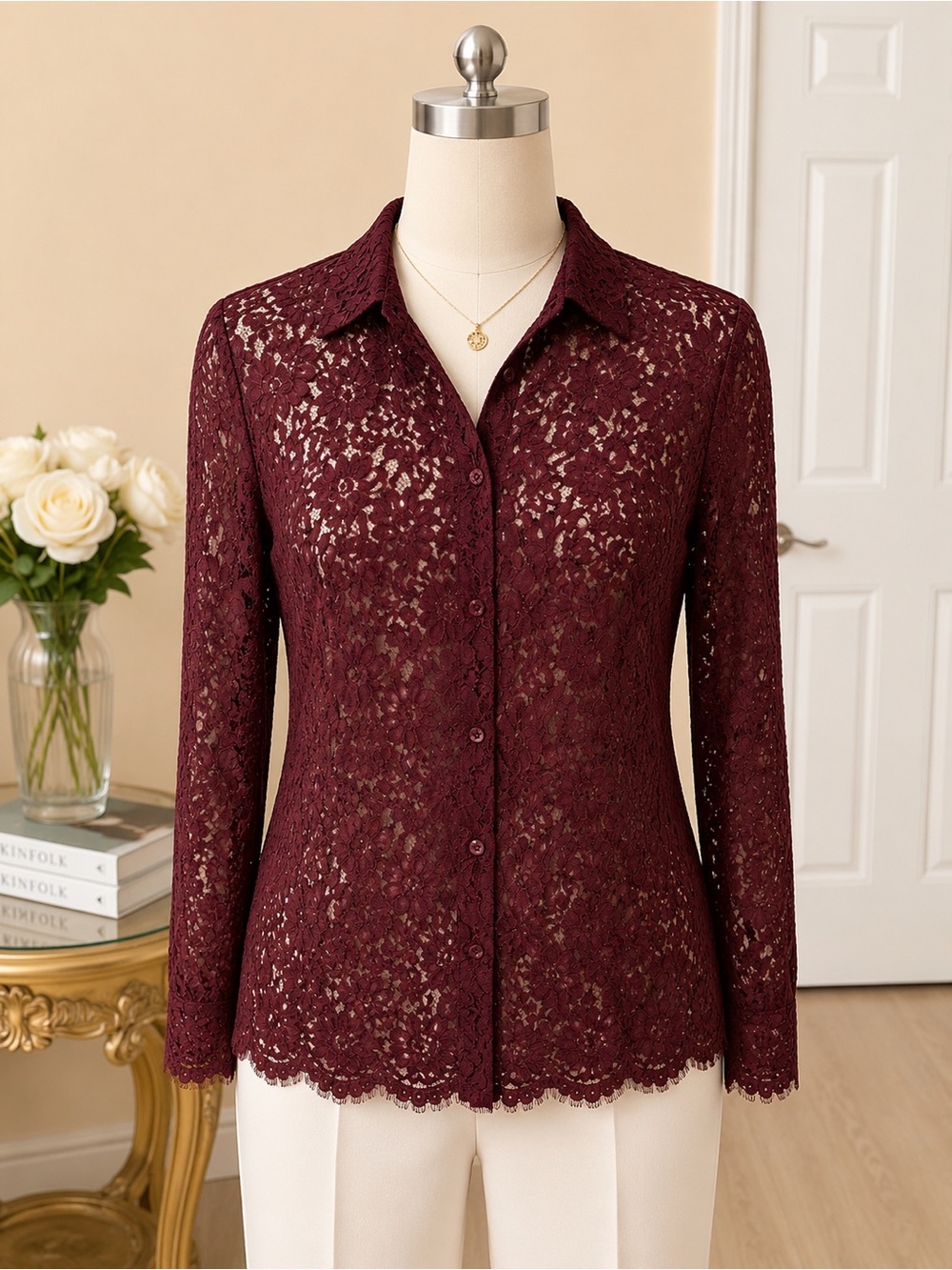 Dana B & Karen Burgundy Floral Lace Button Front Blouse Top Size 12 Vintage
